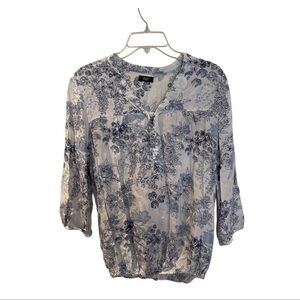 F&F White Blue Boho Relaxed Blouse Mandarin Collar